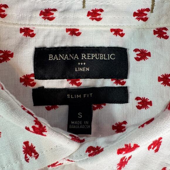 Banana Republic Shirt Men S Slim Fit Linen Short Sleeve Button Up White Lobster - Picture 3 of 8